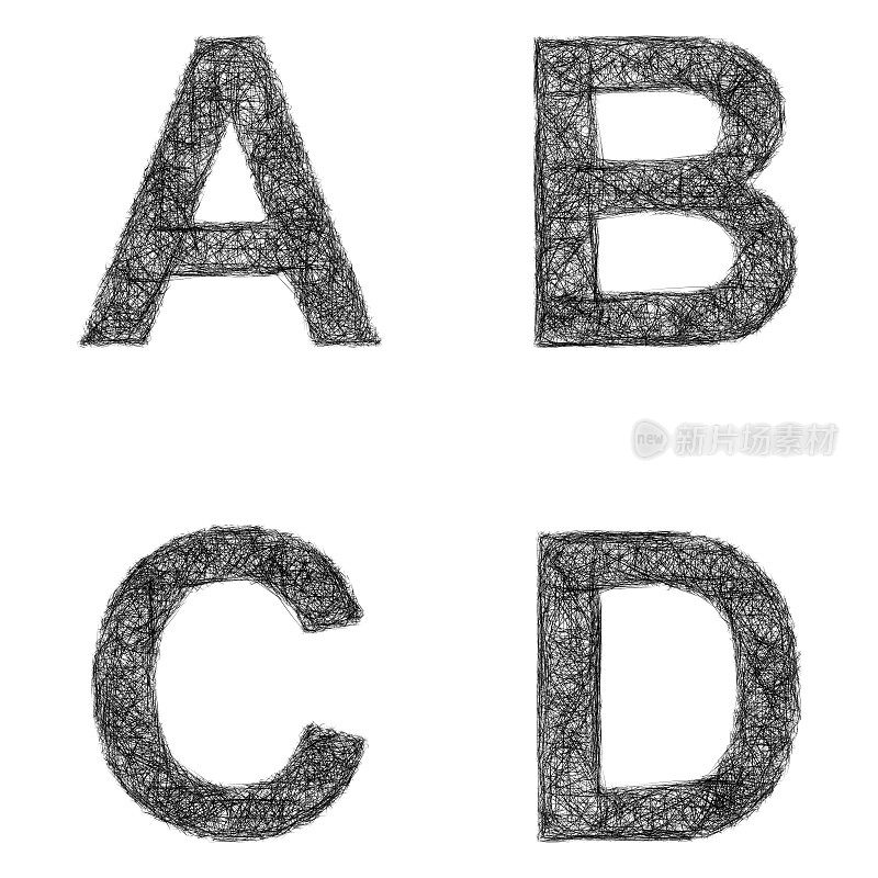 线条艺术字体集-字母A, B, C, D